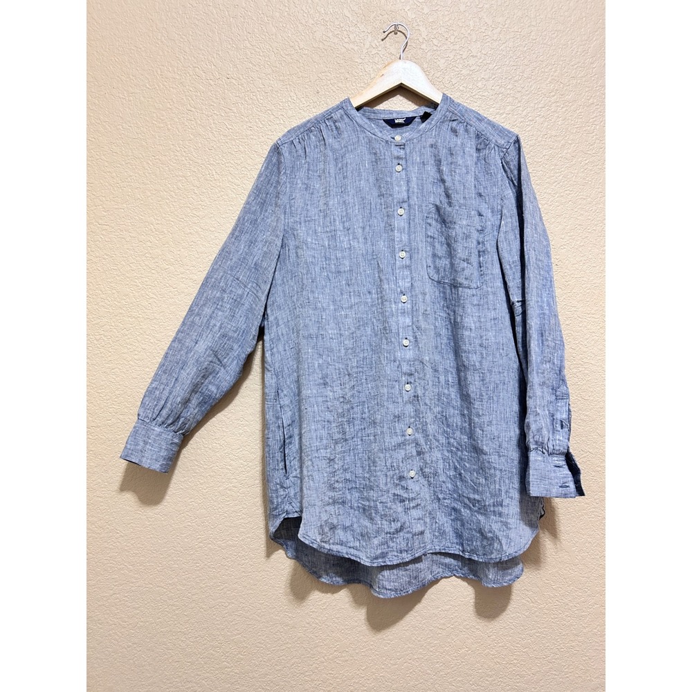 Lands End Size L 14-16 Linen Band Collar Tunic Shirt Blue Coastal Grandmother